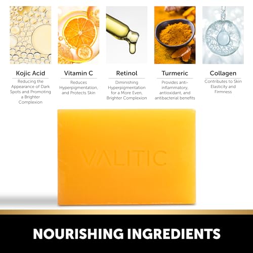 VALITIC Kojic Acid Dark Spot Remover Soap with Turmeric, Vitamin C, Retinol - Original Japanese Complex - Hyaluronic Acid, Vitamin E, Shea Butter, Castile Olive Oil - 3 Pack Bundle with African Net