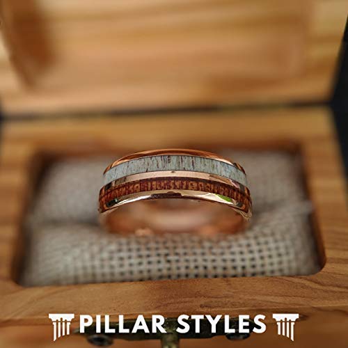 Deer Antler Rings For Men Rose Gold Wedding Band With Koa Wood And Antler Inlay - Rustic Tungsten And Wood Rings For Him #TOP3
