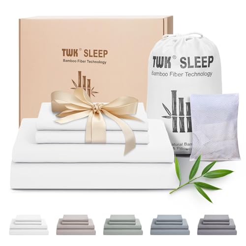 Image of TWK Luxury Sheet Set, Genuine 100% Viscose Derived from Bamboo, Cooling & Breathable, Silky Soft, Bedding Sheets & Pillowcases (White, King(78 * 80 * 15))