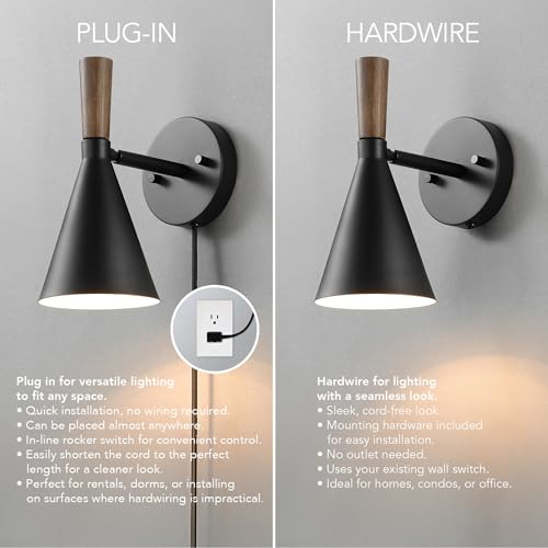 Image of Globe Electric Plug-in or Hardwire Wall Sconce, Matte Black, Wood-Tone Switch, Metal Shade, 6-Foot Cord, 65000101