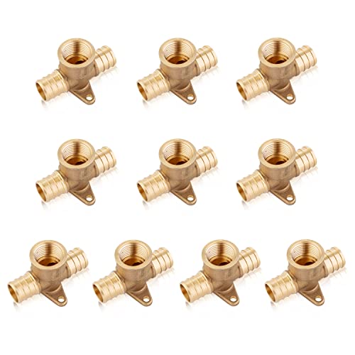 (Pack of 10) EFIELD Pex 3/4" x 3/4" x 1/2" Female NPT Threaded Drop-ear Tee, Brass Crimp Fittings, ASTM F1807