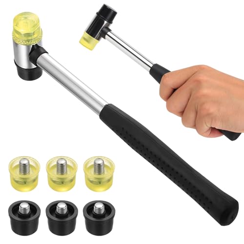Martillo Goma Pequeño, 25 mm Martillo de Goma de Doble Cabeza de Nailon Antideslizante con Mango de Gomas para Joyería, Carpintería, Bricolaje, Manualidades, con 6 Cabezas de Martillos de Repuesto