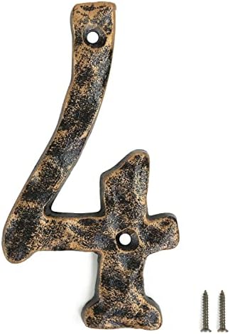 Fitous 5.5 Inch High Vintage Cast Iron House Number Outsider, Solid Home Address Numbers, Unique Hammer Appearance with Individual Irregular Handcraft Antique Black Gold Look.Number:4