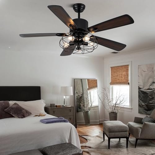 Image of 52'' Black Industrial Farmhouse Vintage Caged Fandelier Fan with Light