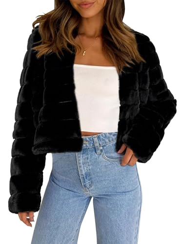 Image of Allegra K Women's Faux Fur Jacket Long Sleeve Cropped Fluffy Winter Coat