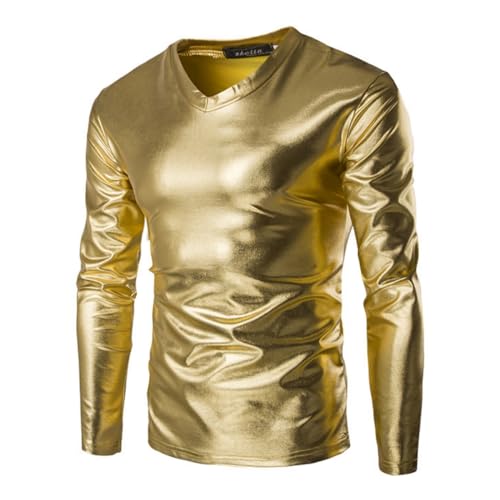 Camisas Metálicas para Hombre, Mangas Largas, Túnica Brillante con Aspecto Mojado para Ropa de Club, Cuello en V, Camiseta de Fiesta con Aspecto de Cuero Sólido, Blusa Superior, Jerseys Informales