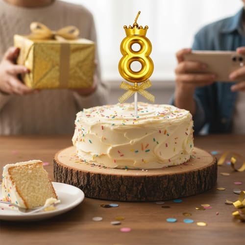 Image of Rozi Decoration Number 8 Birthday Candle for Cake with Crown Design | Gold Metallic Number Candle with Stick | Eighth Birthday Cake Topper for Baby, Kids and Party Celebration