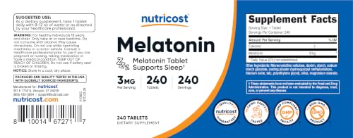 Image of Nutricost Melatonin 3mg, 240 Tablets - 3mg Per Serving, Non-GMO, Gluten Free