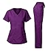 Women's Scrubs Set Stretch Ultra Soft Y-Neck Wrap Top and Pants Egg Plant XL
