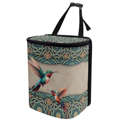 Image of Talayituse Boho Mandala Hummingbird Print Car Trash Can, Portable Auto Garbage Bin Multifunctional Vehicle Interior Accessories with Adjustable Straps Universal Fit Truck SUV Sedan