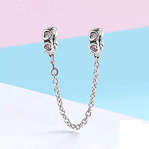 Heart Safety Chain Charms 925 Sterling Silver Love Beads fit Bracelet & Necklace