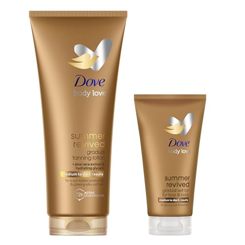 Dove Summer Revived Loción Bronceadora Gradual para Cara y Cuerpo de Medio a Oscuro, de secado rápido, acabado sin rayas, 200ml & 75ml