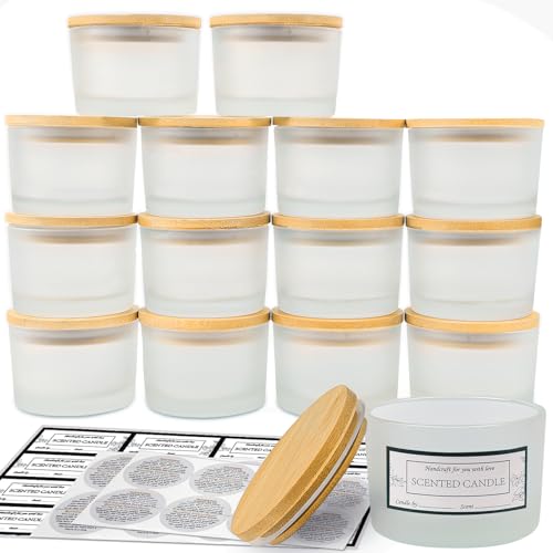CONNOO Lot de 15 pots à bougie en verre dépoli de 113 g avec couvercles hermétiques en bambou, conteneurs vides à bougie de petite taille à ouverture...