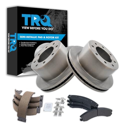 Image of TRQ Rear Brake Pad & Rotor Kit Parking Brake Shoe Set Semi-Metallic Compatible with 2013-2017 Chevrolet Silverado 3500 HD GMC Sierra 3500 HD