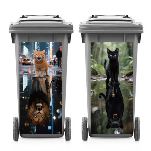 ANATTASOUL 2 Sheets Wheelie Bin Stickers Decorative Cat and Lion Waterproof Dustbin Covers Decor, 14.9"x 32.2" Adhesive Large Decal for Bins, Fridge, Wall Outdoor, Indoor Decoration