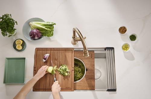 Image of Ruvati 33-inch Rounded Corner 16 Gauge Stainless Steel Workstation Sink - Modern Two-Tiered Ledge Undermount Kitchen Sink, Perfect for Stainless Steel Sink Kitchens - RVH6222ST