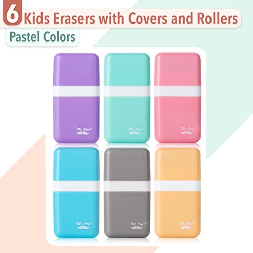 Mr. Pen- Erasers For Kids, 6 Pack, Pastel Colors, Eraser With Cover And Roller, Pencil Eraser Shaving Roller Case #TOP1