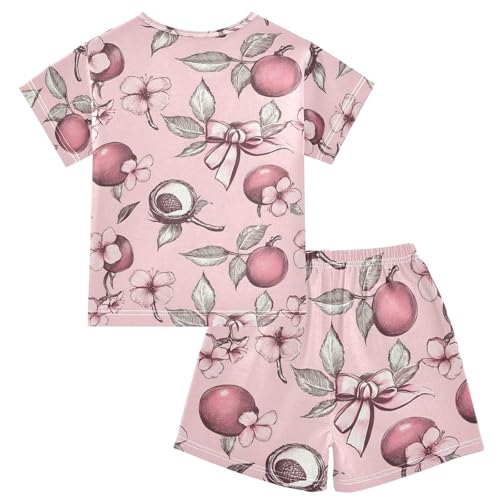 ALAZA Cherry Bow Flower Floral Pajamas Set Short Sleeve Cotton Sleepwear Summer Pjs 2 Piece 5-14Y2