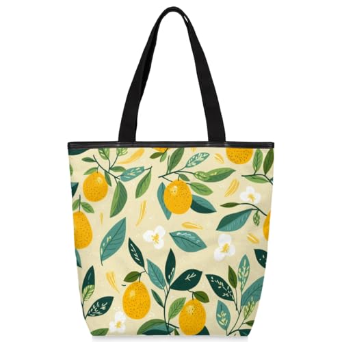Mularoka Flower Leaf Lemon Watercolour Canvas Tote Bag with Zipper and Pockets Canvas Tote Shopping Bag Women Reusable Grocery Bag for Beach Travel Gym Shopping
