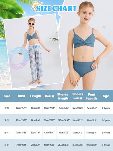 Image of Girls Swimsuit 3 Piece Bathing Suit Criss Cross Bikini Set Tropical Floral Swimwear with Mesh Cover Up Pants Size 9-16Y