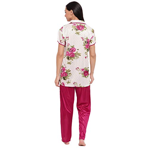 Image of Printed Night Suit for Women - Flower Print Satin Shirt and Pyjama Set (Front Open Collar Night Suit)