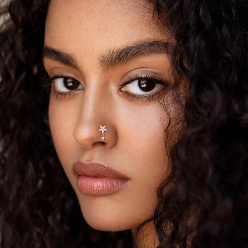 14K Real Gold Nose Stud - 18G Nose Stud L Shaped Nose Rings Dangle Nose Rings for Women CZ Opal Flower Sun Nose Piercings Gold Nose Jewelry for Women Men4