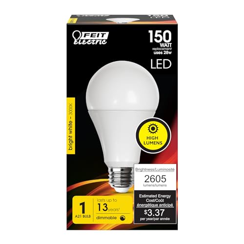 Feit Electric A21 LED Light Bulb, 150W Equivalent, Dimmable, 2605 Lumens, E26 Standard Base, 3000K Bright White, 80 CRI, High Output LED Light Bulb, Damp Rated, 15,000-Hour Lifetime, OM150DM/830/LED