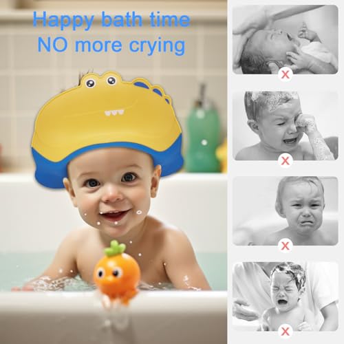 Image of Baby Shower Cap Shield, Shower Cap for Kids, Visor Hat for Eye and Ear Protection for 0-9 Years Old Children,Cute Crocodile Shape Makes The Baby Bath More Fun (Yellow)