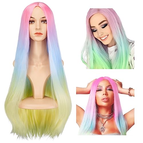 AGPTEK 27.5 Inch Rainbow Long Straight Wig Halloween Cosplay