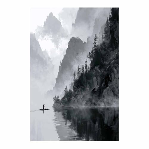 Poster noir et blanc brumeux de bateaux et montagnes XENIOU 60x90cm sans cadre pour salon