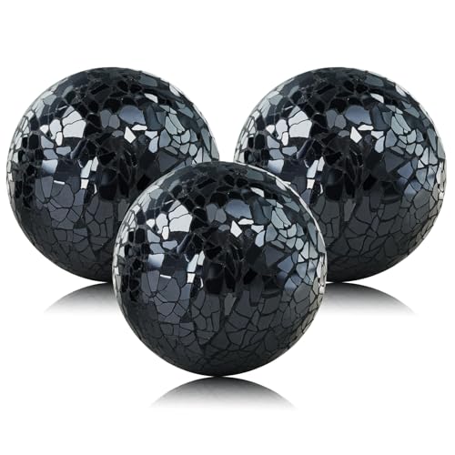 Yazikisa Decorative Balls for Centerpiece Bowls Black Mosaic Glass Orbs Sphere Crack Ball Mirror Globe Sparkle Coffee Table Decor Vase Filler Home Christmas 3 Pcs 3.35 Inch