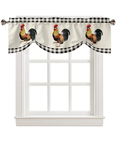 Decorlovee Tie Up Valances For Windows, Farm Rooster Kitchen Curtains Valance Window Shade, Farmhouse Animals Rustic Black White Plaid Rod Pocket Window Treatment Tiers Curtains For Living Room/Bedroom 60 Inchx18 Inch cover