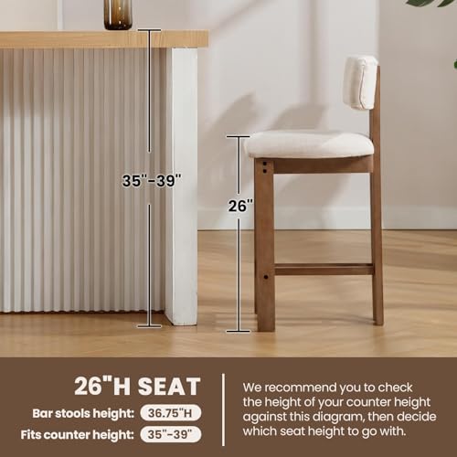 Butacos modernos de barra HNY de 26 pulgadas, juego de 2 unidades, con respaldo y tapizado en lino beige, estructura de madera natural, para isla de cocina miniatura 3