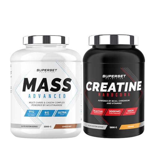 Superset Nutrition - Fortgeschrittenes Masseaufbauprogramm - Mass Advanced 2,5kg Choco Nut - Creatin Hardcore 1,5 Kg Orange