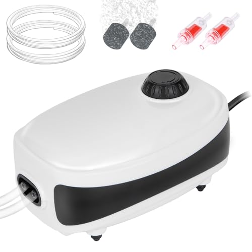 Eyein Adjustable Air Pump Aquarium Ultra Silent 4W Air Pump for Fish Tank Up to 400L with Dual Outlets Hangable Whisper Fish Tank Oxygen Bubbler with Accessories Air Stone Check Valve Tubing