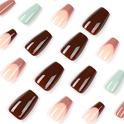 MISUD Medium Coffin Press on Nails Ballerina Fake Nails Glossy Glue on Nails Fall Brown Artificial Acrylic Nails French Tip Stick on False Nails with Design 24 pcs - Image 5