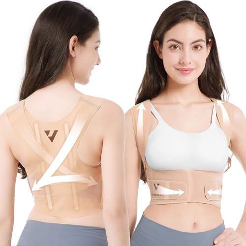 Vicorrect Adjustable Posture Corrector for Women: Comfortable Fit for Body Types - Invisible Under Clothes Wearable for Sitting and Exercise - Helps with Upper Back Shoulder Pain (Warm Beige, Large)
