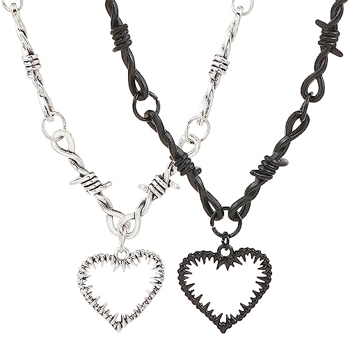 Weenkeey 2 piezas collar de corazón gótico de alambre de púas colgante de corazón collar punk rock hip hop colgante collar para hombres mujeres - negro plata