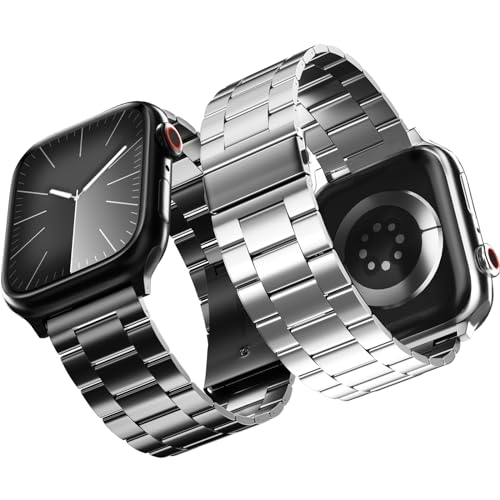 2-Pack Compatible for Apple Watch Band 49mm 46mm 45mm 44mm 42mm, Rugged Stainless Steel Replacement Strap Metal Bands for iWatch Ultra 2/1 Series 10/9/8/7/6/5/4/3/2/1/SE/SE2 Women Men (Black+Silver)