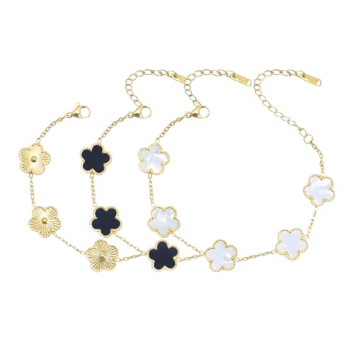 18K Gold Plated Four Leaf Clover Bracelet Set - 3Pcs Lucky Charm Jewelry for Women, Adjustable Gold/White/Black Bracelet Gift Sets for Mom, Wife, Girlfriend