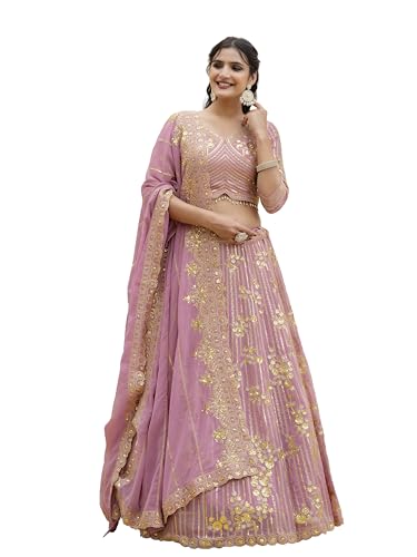 Image of TRENDMALLS Women's Georgette Embroidery Sequence Work Lehenga Choli with Dupatta For Women Semi-Stitch