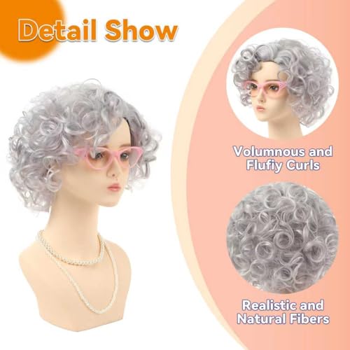 Image of Women Roper Curly Old Lady Grey Cosplay Wig with Necklace Earrings and Sunglasses for Women Hallween Costume Wig
