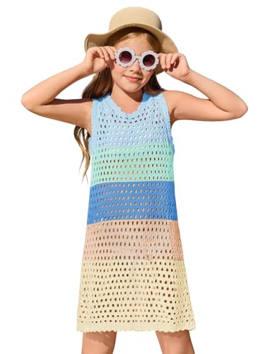 Image of Haloumoning Girls Color Block Crochet Knit Swim Cover up Kids Summer Sleeveless Beach Dress 5-14 Years
