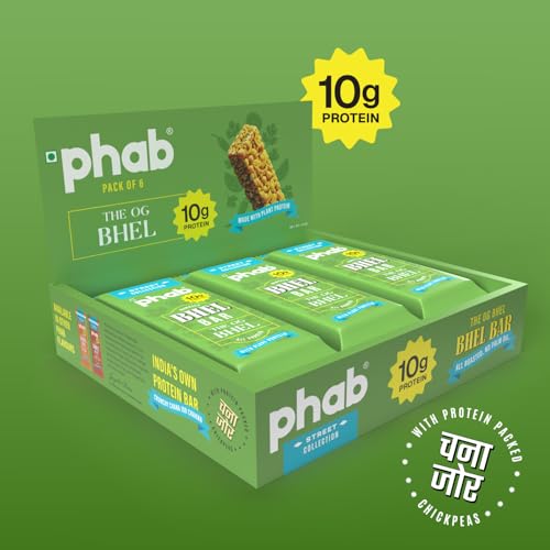 Image of PHAB Protein Bhel Bar - OG Bhel Flavour | Savoury Roasted Snack with Bhel & Chana Chor | 10g Protein, <150 Cal, Gluten-Free, No Palm Oil | (Pack of 6 x 35g)