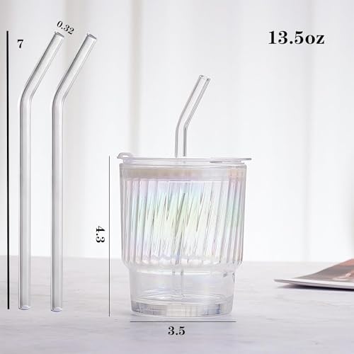 Image of WEZOSHINET Glass Tumblers with Straws and Lids Coffee Sipper Mug with Wide Mouth, Rainbow Glass Drinking Mason for Iced Tea, Juice, Cocktail, Cold & Hot Beverages Cups (Rainbow Stripe Mug /Pack of 1)