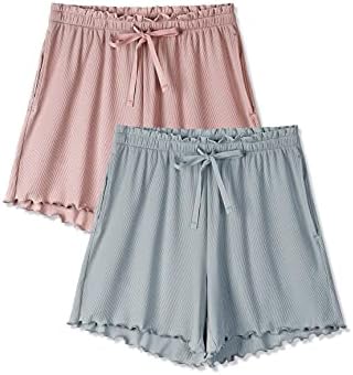 Femofit Womens Pajama Shorts Modal Bottoms Comfy Lounge Sleep Shorts Boxer pj Casual Sleepwear with Pockets Stretch Drawstring 2-Pack (Light Grey Blue+Russet Pink,M)