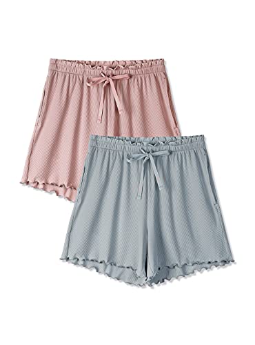 Femofit Womens Pajama Shorts Modal Bottoms Comfy Lounge Sleep Shorts Boxer Pj Casual Sleepwear With Pockets Stretch Drawstring 2-Pack (Light Grey Blue+Russet Pink,M) #TOP1