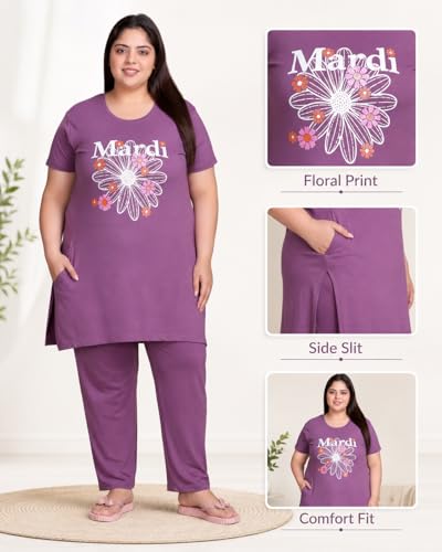 Image of In Love Women Cotton Regular Fit Plus Size Long-Line Chest Print T-Shirt with Pocket