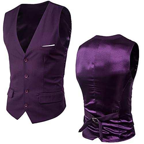 Men's Slim Fit Business Dress Suit Vests Premium Wool Waistcoat Prom Wedding Tuxedo Button Square Set Business Vest (Purple,X-Large)2