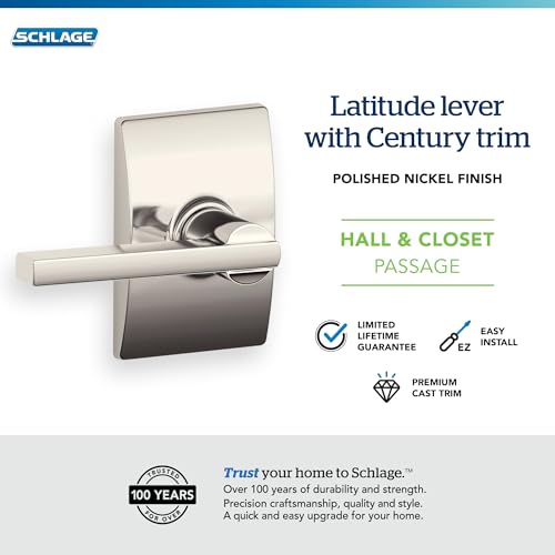 Image of Schlage Latitude Hall /Closet Passage Handle, Reversible, Polished Nickel | Hall or closet lever door handle with no lock, Easy to install, Certified durability, Universal fit